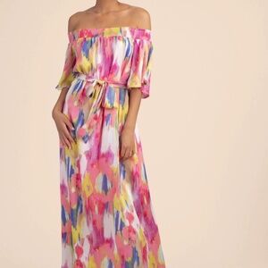 TRINA TURK San Onfore Multicolor Satin Long Dress, Size Medium Retail $1…